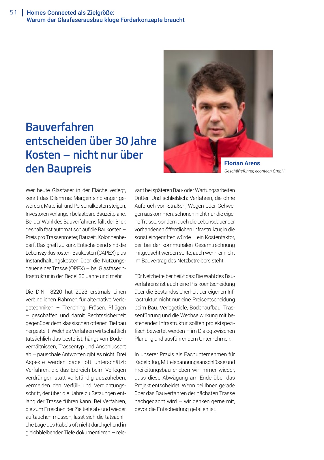 Beitrag von Florian Arens, Geschäftsführer der econtech GmbH, im VATM-Jahrbuch 2026: Bauverfahren entscheiden über 30 Jahre Kosten – nicht nur über den Baupreis